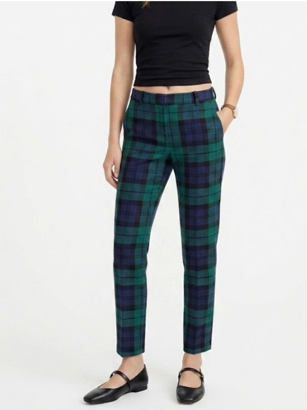 J. Crew Factory Green & Navy Plaid Slim Ankle Pants